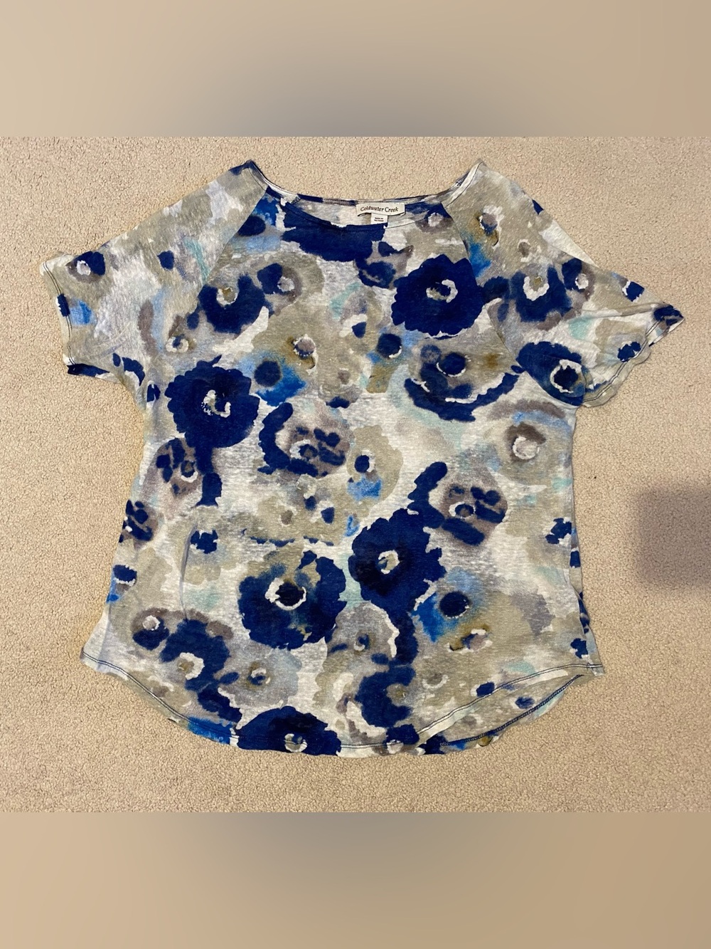 Coldwater Creek blue gray white brown green watercolor floral knit shirt size M